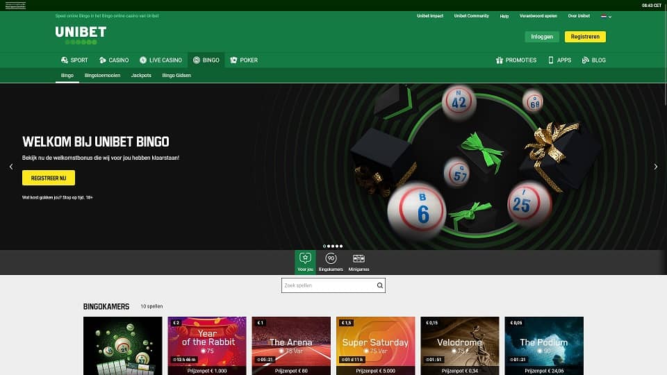 Screenshot van het bingo platform van Unibet