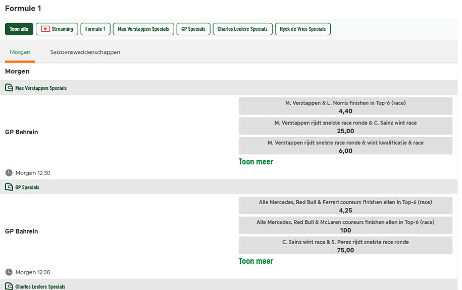 Voorbeeld van weddenschappen die je bij wedden op Formule 1 kunt plaatsen